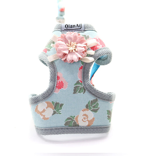 Color: Sky Blue, Size: 1cm width webbing-Bagged, style:  - Pet Chest Harness Summer Floral Dog Leash