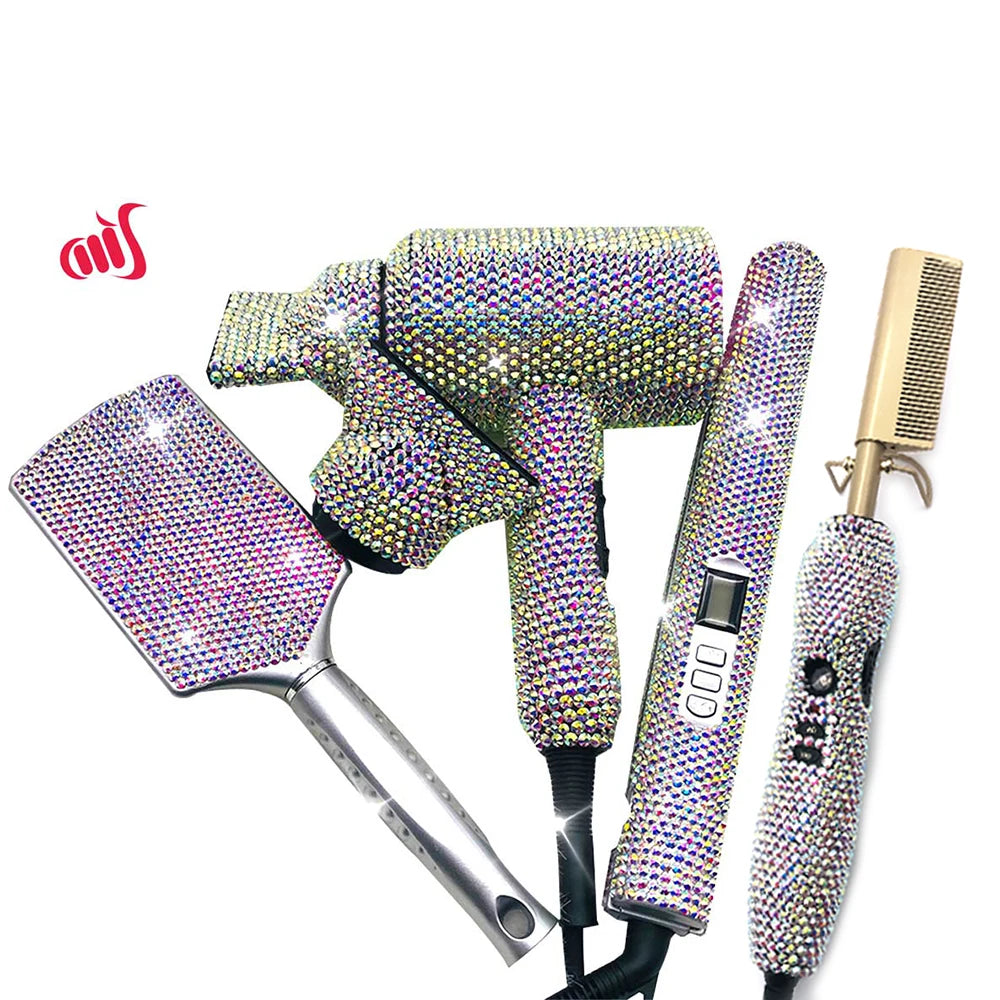 4 Piece Hair Tools Set Rhinestone Flat Iron Heating Comb Hair Blow Dryer Set Bling Hot Tools Set for Hair Stylist