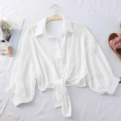 HELIAR Chiffon Shirts Women Half Sleeve Button Blouses Female