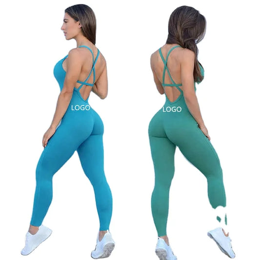 Solid Color Strappy One Piece Back Jumpsuit Drop Shipping Yoga Bodysuit