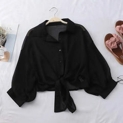 HELIAR Chiffon Shirts Women Half Sleeve Button Blouses Female