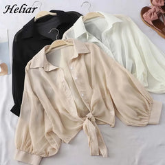 HELIAR Chiffon Shirts Women Half Sleeve Button Blouses Female