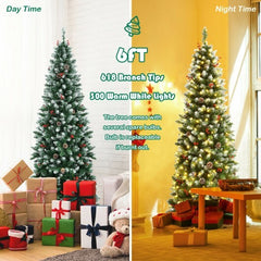 Pre-lit Artificial Pencil Christmas Tree with Pine Cones and Red Berries-6 ft - Color: Green - Size: 6 ft