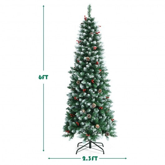 Pre-lit Artificial Pencil Christmas Tree with Pine Cones and Red Berries-6 ft - Color: Green - Size: 6 ft