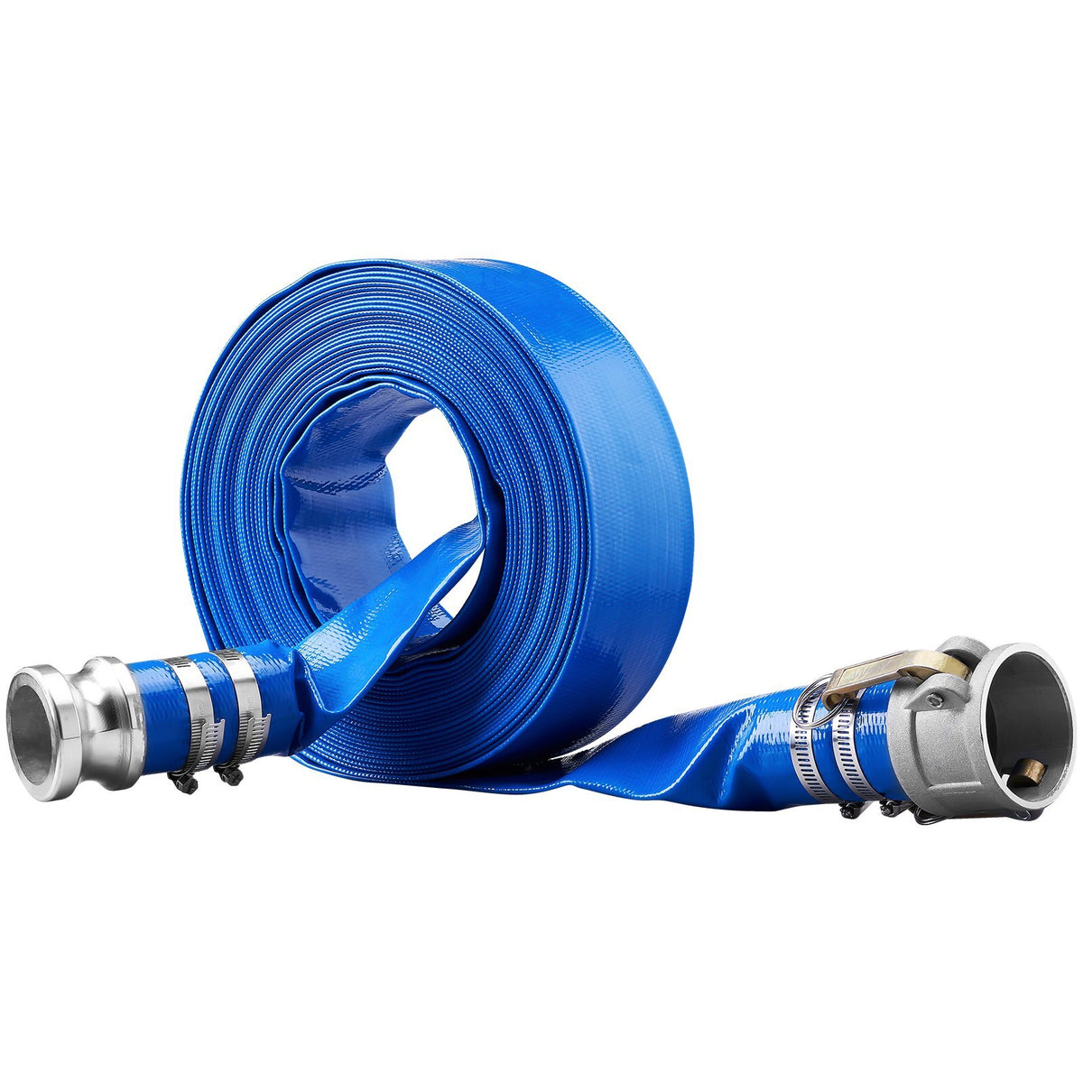 VEVOR Backwash Hose, 2 in x 50 ft, Heavy-Duty PVC Flat Pool Discharge Hose with Aluminum Camlock C & E Fittings, Clamps, Compatible with Pumps, Sand Filters, for Swimming Pools Waste Water Drain, Blue