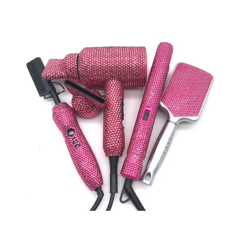 4 Piece Hair Tools Set Rhinestone Flat Iron Heating Comb Hair Blow Dryer Set Bling Hot Tools Set for Hair Stylist