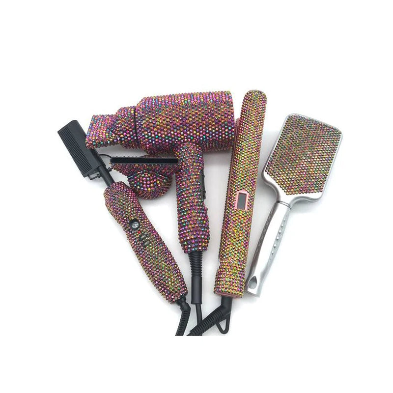 4 Piece Hair Tools Set Rhinestone Flat Iron Heating Comb Hair Blow Dryer Set Bling Hot Tools Set for Hair Stylist