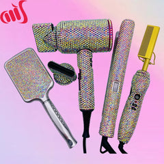 4 Piece Hair Tools Set Rhinestone Flat Iron Heating Comb Hair Blow Dryer Set Bling Hot Tools Set for Hair Stylist