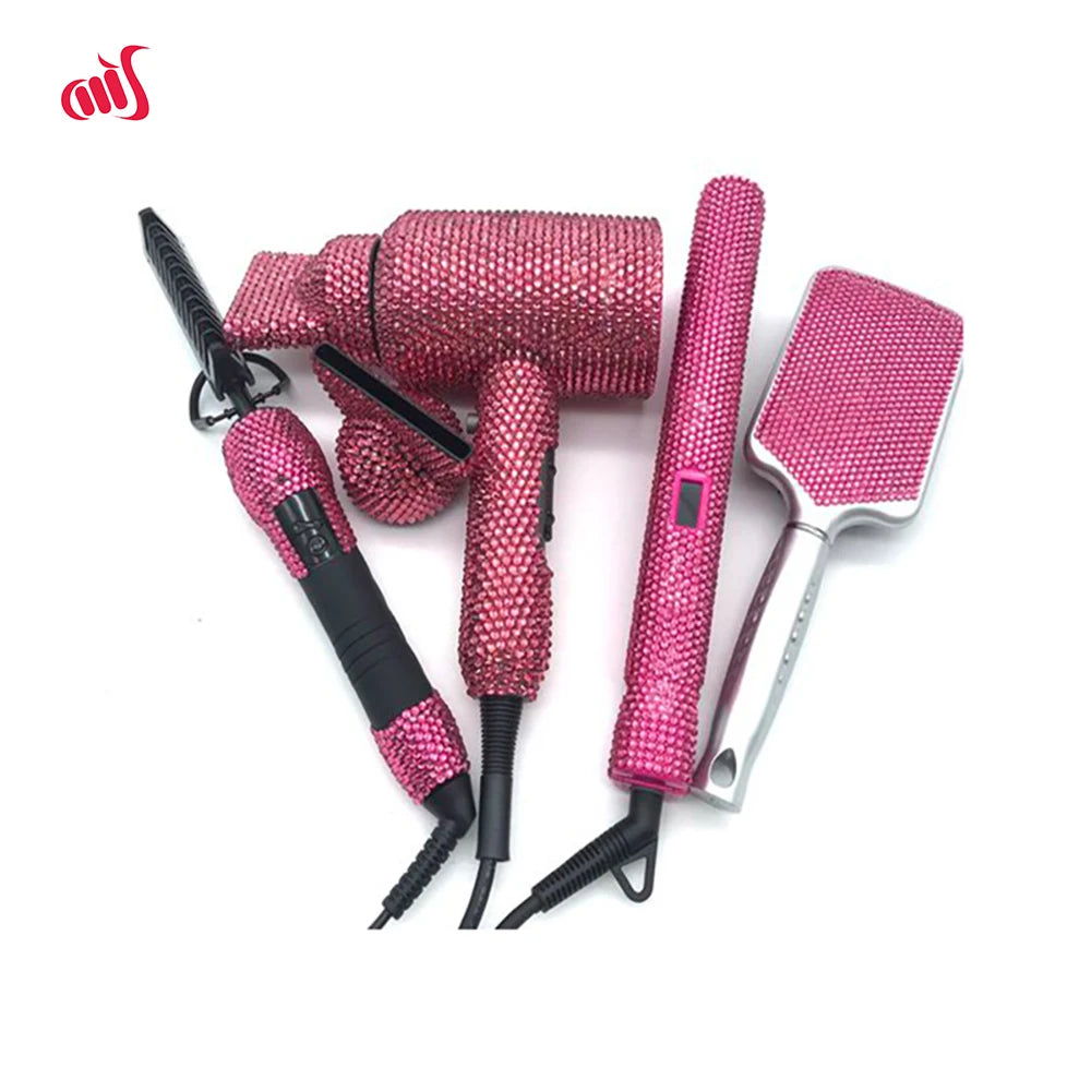 4 Piece Hair Tools Set Rhinestone Flat Iron Heating Comb Hair Blow Dryer Set Bling Hot Tools Set for Hair Stylist