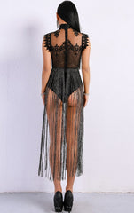 Black Fringe Bodysuit Dress