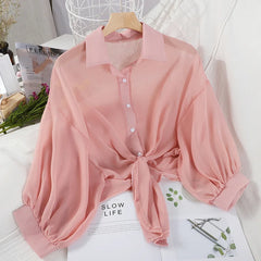 HELIAR Chiffon Shirts Women Half Sleeve Button Blouses Female