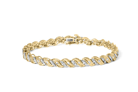 10k Yellow Gold 1.00 Cttw Round-Cut and Baguette-Cut S-Link 7.25" Bracelet (I-J Color, I2-I3 Clarity)