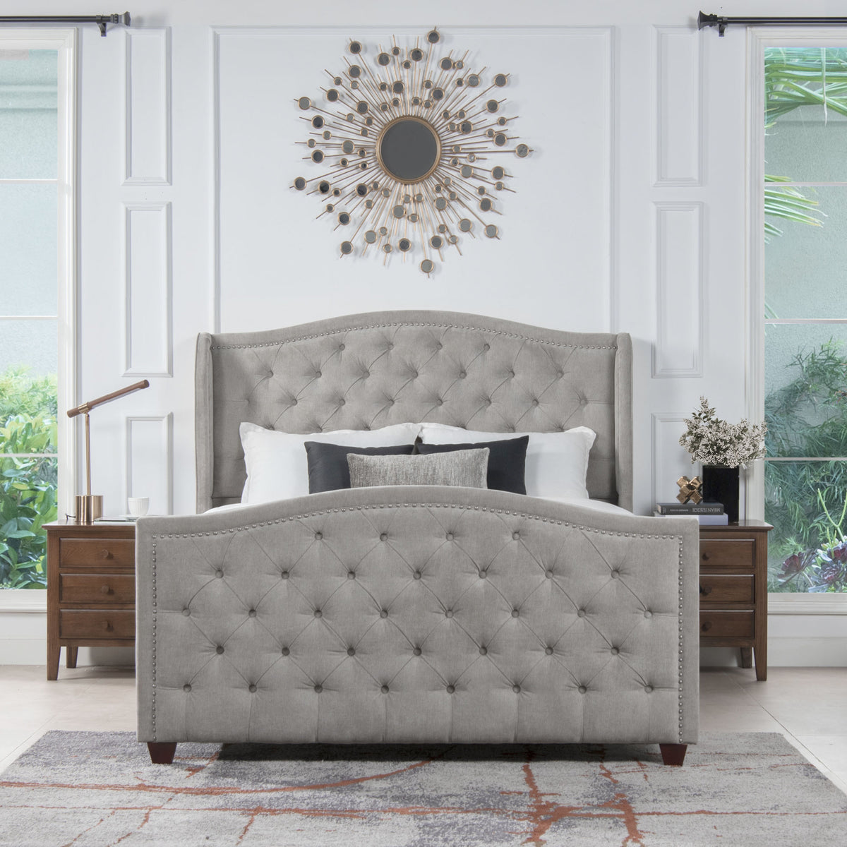 Marcella Upholstered Shelter Headboard Bed Set, Queen, Silver Grey Polyester