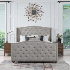 Marcella Upholstered Shelter Headboard Bed Set, Queen, Silver Grey Polyester