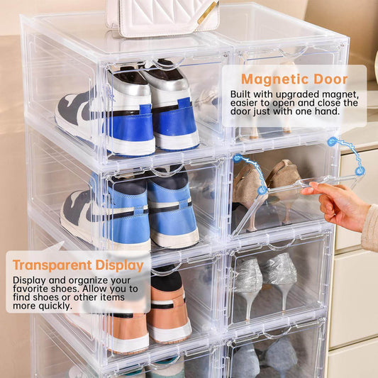 WAYTRIM Stackable Shoe Storage Boxes, 12 Pack Organizer for Closet Clear Plastic Stackable Space Saving Sneaker Drop Front Container Bins Fit to Size 13 - Clear White