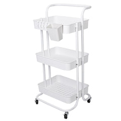 3 Tier Rolling Utility Cart Movable Storage Organizer with Mesh Baskets Lockable Wheels 360 Degree Rotatable Hanging Box Hooks Bedroom Bathroom Kitchen