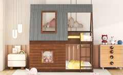 Wood Twin Size House Bunk Bed with Roof, Ladder and 2 Windows