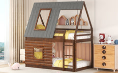 Wood Twin Size House Bunk Bed with Roof, Ladder and 2 Windows