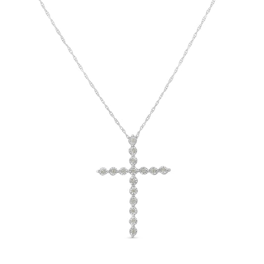 .925 Sterling Silver 1/6 Cttw Brilliant-Cut Diamond Miracle-Set Shared Prong Cross 18" Pendant Necklace (I-J Color, I2-I3 Clarity)