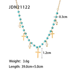 French Women's Necklace Blue Stone Rice Bead Necklace Cross Freshwater Pearl Tassel Pendant Necklace