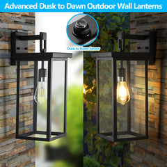 Set of 2 Modern Outdoor Wall Lanterns with Black Metal Frame and Clear Glass, Ambient light sensors,Weatherproof Wall Sconces for Porch, Garage, or Entryway Lighting, E26 Bulb Compatible