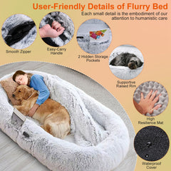 Human Size Dog Bed with Pillow Blanket 72.83x47.24x11.81in Bean Bag Bed Washable Removable Flurry Plush Cover Large Napping Human-Sized Bed For Adults Kids Pets