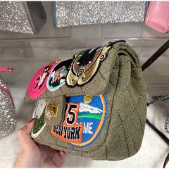 Handbags For Women 2022 New Green Denim Canvas Shoulder Bags Embroidery Pattern Cartoon Chain Bags Cute Ladies Flap Square Bags