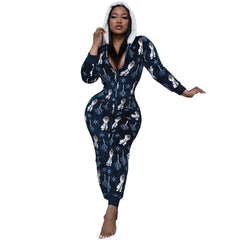 Autumn and Winter Hot Selling Casual Women's Clothing Hooded Christmas Print Home Wear V-neck Jumpsuit Women