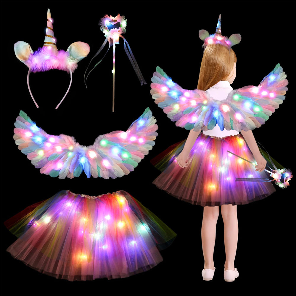 Luminous Angel Costume Children with Wings LED Tutu Skirt for Girls Halloween Carnival Cosplay