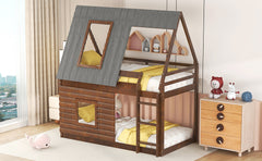 Wood Twin Size House Bunk Bed with Roof, Ladder and 2 Windows