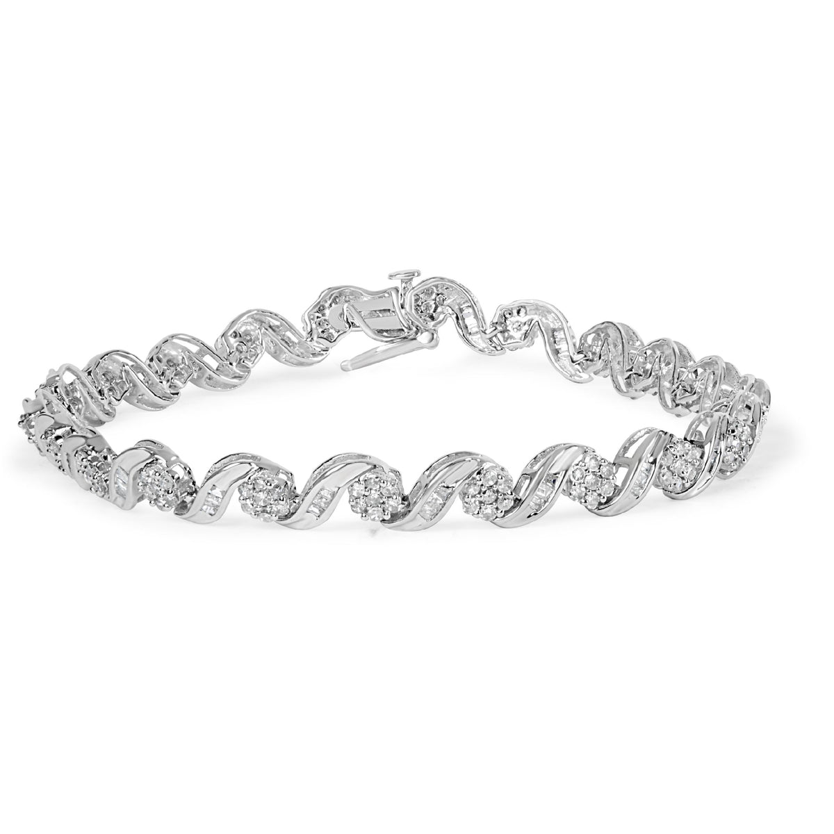 10K White Gold 2.00 Cttw Round-Cut and Baguette-Cut Diamond Floral Design Swirl Link 7" Bracelet (I-J Color, I1-I2 Clarity)