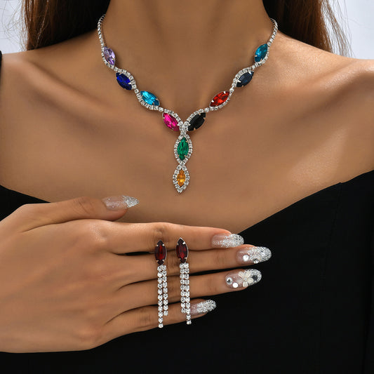 Women's Colorful Crystal Necklace Earrings 2 Pieces Set Jewelry