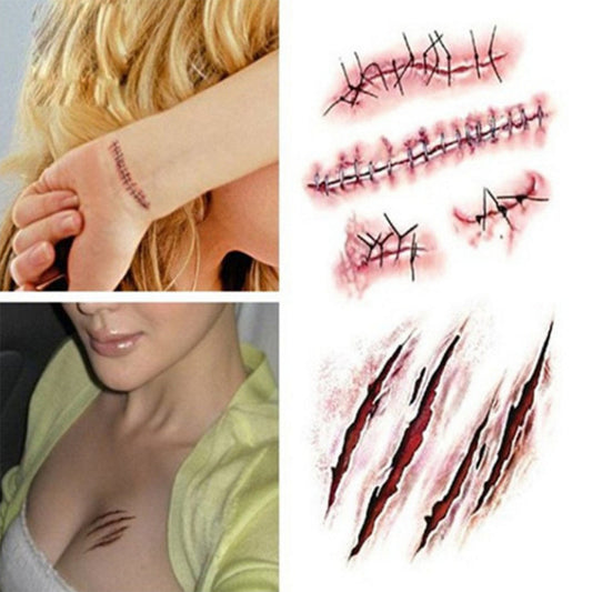 5 Pack Halloween Tattoo Stickers Breathable Realistic Fake Bloody Wound Tattoo