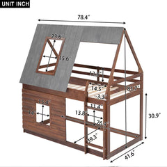 Wood Twin Size House Bunk Bed with Roof, Ladder and 2 Windows