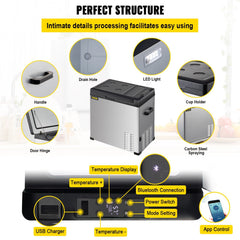 VEVOR 12 Volt Refrigerator, Portable Refrigerator (-4°F~68°F) With APP Control Car Compressor Fridge Cooler 12V/24V DC and 110-220V AC For Camping, Road Trip, Skincare, Outdoor and Home (53 Quart)