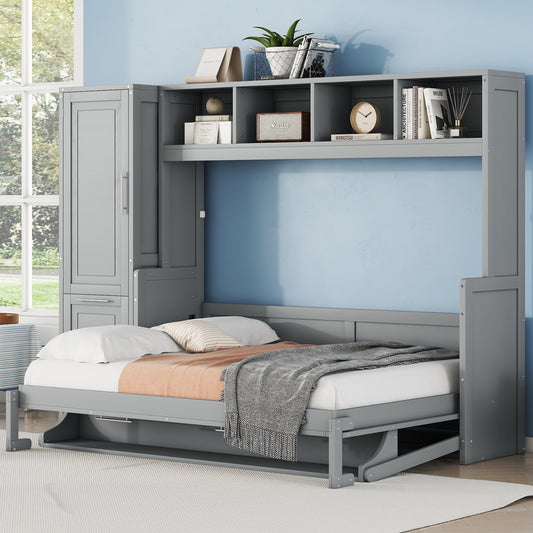 Full Size Murphy Bed Wall Bed with Closet and Drawers,Gray