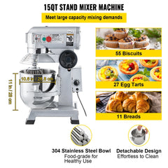 VEVOR Commercial Food Mixer, 15Qt Commercial Mixer with Timing Function, 500W Stainless Steel Bowl Heavy Duty Electric Food Mixer Commercial with 3 Speeds Adjustable 113/184/341 RPM