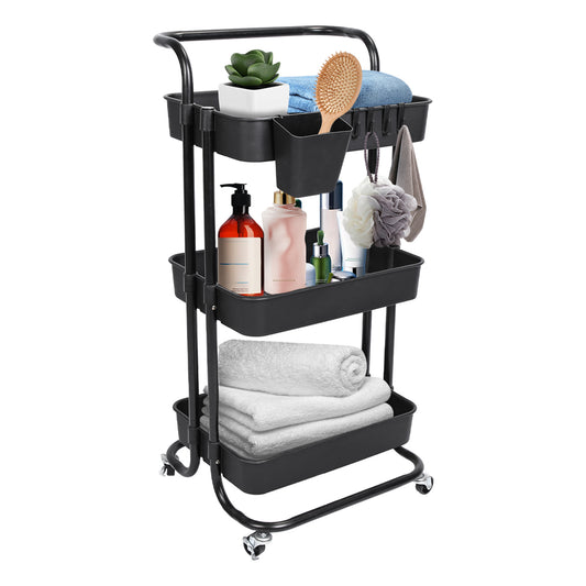 3 Tier Rolling Utility Cart Movable Storage Organizer with Mesh Baskets Lockable Wheels 360 Degree Rotatable Hanging Box Hooks Bedroom Bathroom Kitchen