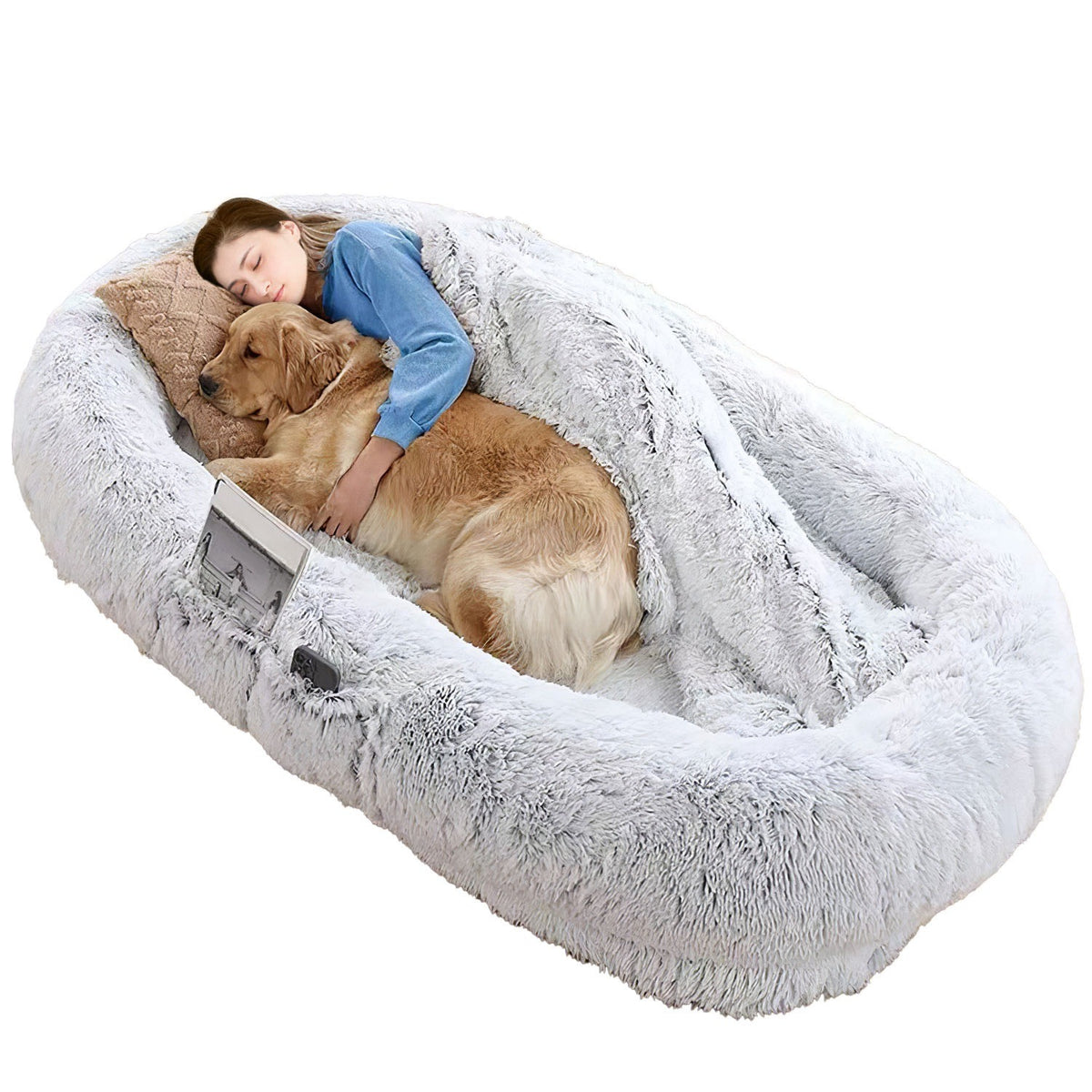 Human Size Dog Bed with Pillow Blanket 72.83x47.24x11.81in Bean Bag Bed Washable Removable Flurry Plush Cover Large Napping Human-Sized Bed For Adults Kids Pets