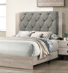 Contemporary 1pc Cream Finish Eastern King Size Bed Bedroom Furniture Gray Tufted Design Headboard Rubberwood 1pc Bedframe