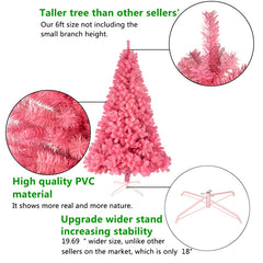 6 FT Artificial Christmas Tree, Unlit Christmas Pine Tree with 1000 Branch Tips and Sturdy Metal Stand for Office Home Store Party Holiday Decor, Pink