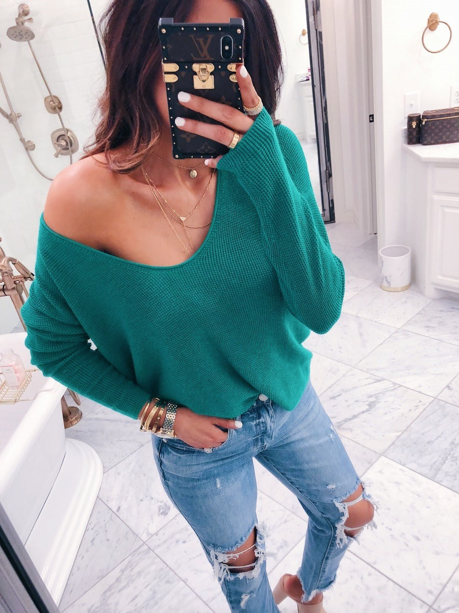 European and American sexy v-neck long-sleeved knitted wool solid color loose shirt women's clothing