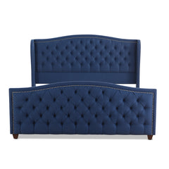 Marcella Upholstered Shelter Headboard Bed Set, King, Dark Sapphire Blue Woven