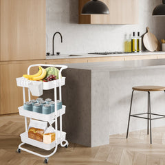 3 Tier Rolling Utility Cart Movable Storage Organizer with Mesh Baskets Lockable Wheels 360 Degree Rotatable Hanging Box Hooks Bedroom Bathroom Kitchen