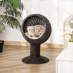 27" Rattan Wicker Elevated Cat House Kitty Scratch House Pet Bed W/ Cushion