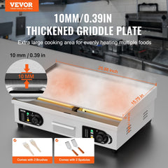 VEVOR Commercial Electric Griddle, 2800W Countertop Flat Top Grill, 122°F-572 °F Adjustable Temp, 25.98 x 15.75 x 0.39in Stainless Steel Griddle Grill with 2 Shovels and 2 Brushes