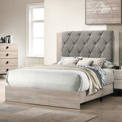 Contemporary 1pc Cream Finish Eastern King Size Bed Bedroom Furniture Gray Tufted Design Headboard Rubberwood 1pc Bedframe