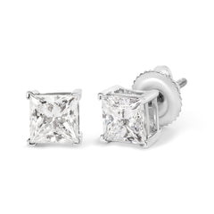 14K White Gold 1 1/2 Cttw Clarity Enhanced Princess Cut Diamond Solitaire Stud Earrings (I-J Color, I1-I2 Clarity)