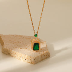 Vintage Green Square Zircon White Zirconium Trim Pendant Necklace Copper Set Zirconium Necklace Women's