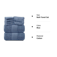 Resort Collection Soft Bath Towel 8-Piece Set Luxury Hotel Plush Absorbent Cotton 2 Bath Towels 2 Hand Towels and 4 Washcloths Blue